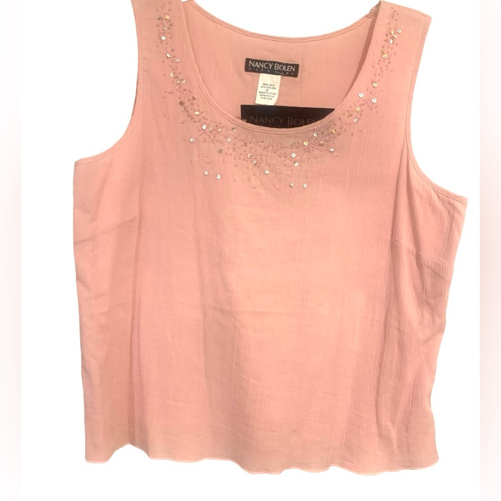 Nancy Bolen City Girl Pink Silk Blend Tank Top Beads Sequin ScoopNeck Women’s 10